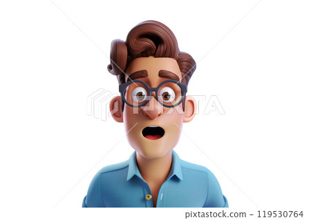 Portrait of surprised shocked scared cartoon character adult man male person wearing casual blue shirt in 3d style design on light background. Human people feelings expression concept 119530764