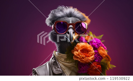 Anthropomorphic hyperrealistic cyberpunk ostrich bird character wearing sunglasses holding bouquet of flowers on minimal dark background. Modern pop art illustration 119530922