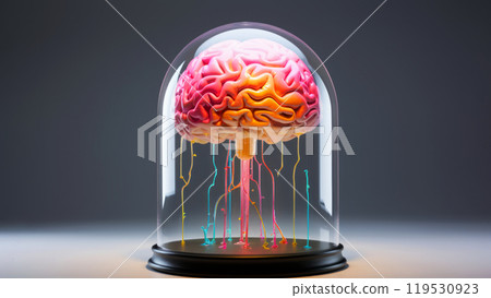 A colorful brain model encased in a glass dome with vibrant neural connections extending downwards. Dopamine fasting mental health digital detox concept 119530923