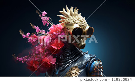 Portrait of hyperrealistic cyberpunk sea horse character wearing golden sunglasses and holding bouquet of flowers on minimal dark background. Modern pop art illustration 119530924