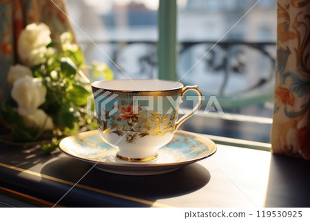 An ornate teacup bathed in sunlight beside a bouquet of white roses near a window with a decorative railing. Leisure time concept An ornate teacup bathed in sunlight beside a bouquet of white roses near a window with a decorative railing. Leisure time concept 119530925