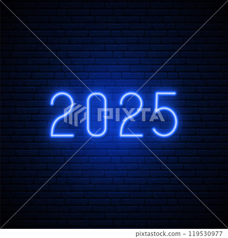 2025 neon sign on dark brick wall background 119530977
