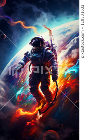 A single astronaut floating flying in a vibrant fiery cosmic nebula bright clouds and planet on background. Futuristic digital art concept 119531032