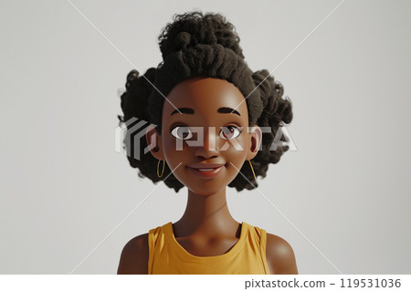 Smiling African cartoon character teen young woman female person portrait wearing yellow top in 3d style design on light background. Human people feelings expression concept 119531036