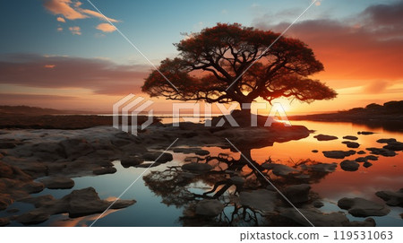 Urban sunset with utility poles and wires dominating the foreground, the sky painted in shades of orange and red, hinting at a city dusk 119531063