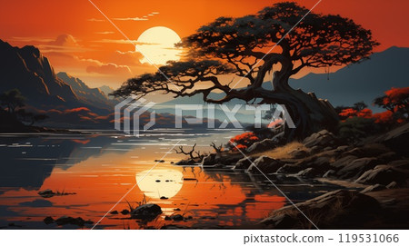 Urban sunset with utility poles and wires dominating the foreground, the sky painted in shades of orange and red, hinting at a city dusk 119531066