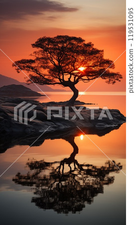 Urban sunset with utility poles and wires dominating the foreground, the sky painted in shades of orange and red, hinting at a city dusk 119531095