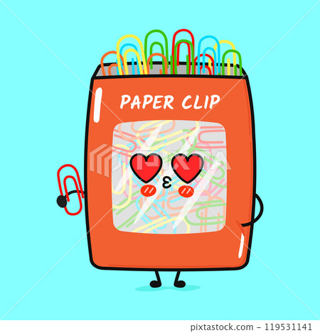 Paper clip in love character. Vector hand drawn cartoon kawaii character illustration icon. Isolated on blue background. Paper clip juice character concept 119531141