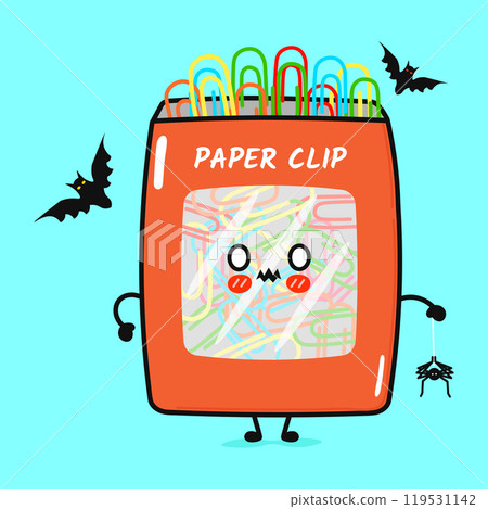 Terrible Paper clip character. Vector hand drawn cartoon kawaii character illustration icon. Isolated on blue background. Zombie Paper clip. Halloween concept 119531142