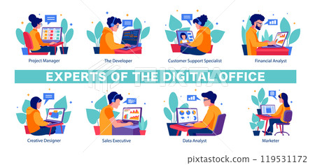 Digital Professionals Infographic, Business Roles with Laptop, in a vector illustration 119531172