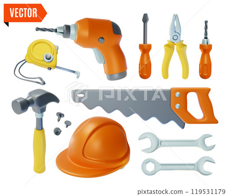 3d Repair Tools Set Cartoon Design Style Include of Hand Saw, Wrench and Measuring Tape. Vector illustration 119531179