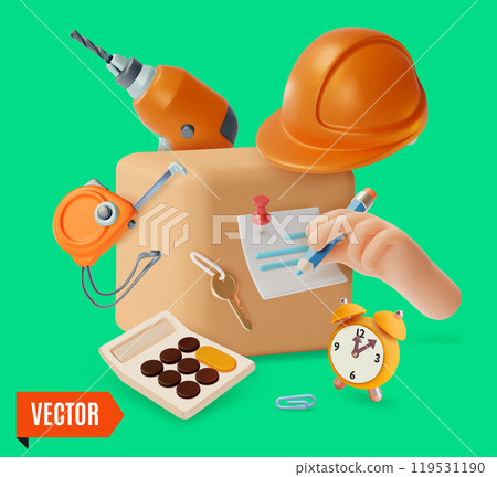 3d Moving Services Concept Background Cartoon Design Style with Cardboard Box. Vector illustration of Fast Relocation Service 119531190