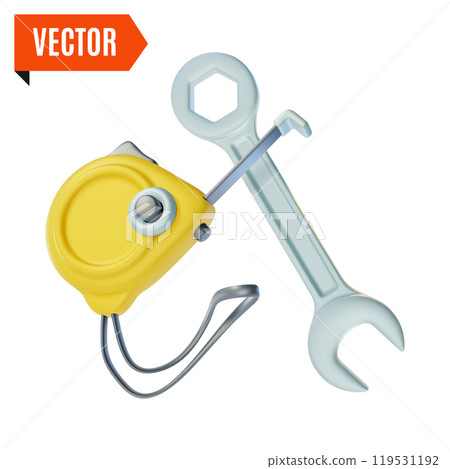 3d Fix and Repair Concept Floating Wrench and Measuring Tape Cartoon Design Style. Vector illustration of Roulette 119531192