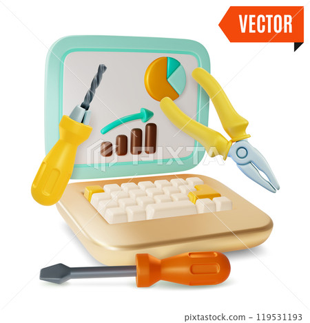 3d Fix and Repair Concept Laptop with Floating Pliers and Screwdriver Cartoon Design Style. Vector illustration 119531193