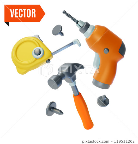 3d Fix and Repair Concept Floating Drill, Hammer and Measuring Tape Cartoon Design Style. Vector illustration 119531202