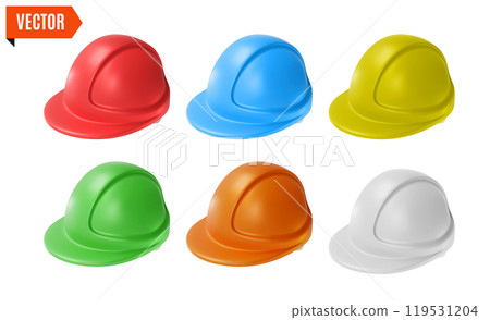 3d Fix and Repair Concept Different Color Builder Helmet Set Cartoon Design Style Isolated on a White Background. Vector illustration 119531204