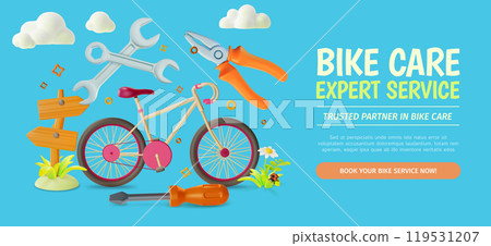 3d Bike Care Expert Service Fix and Repair Concept Ads Banner Promotion Poster Card. Vector illustration 119531207
