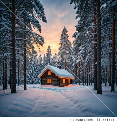 Wooden cabin in a snowy forest with Christmas lights at sunset. Winter holiday scene Wooden cabin in a snowy forest with Christmas lights at sunset. Winter holiday scene 119531343