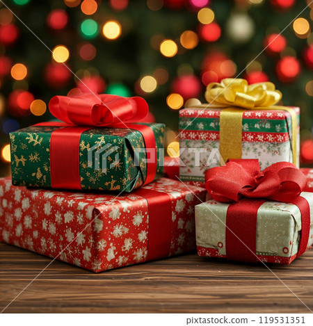 Stack of Christmas presents with ribbons and bows on a red background. Festive gift boxes Stack of Christmas presents with ribbons and bows on a red background. Festive gift boxes 119531351