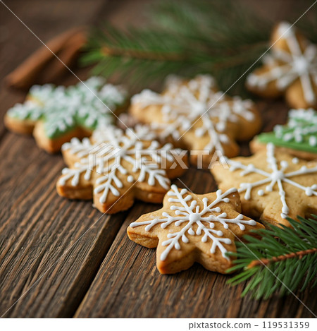Snowflake-shaped Christmas cookies decorated with icing on wooden surface with pine branches. Festive holiday treats Snowflake-shaped Christmas cookies decorated with icing on wooden surface with pine branches. Festive holiday treats 119531359