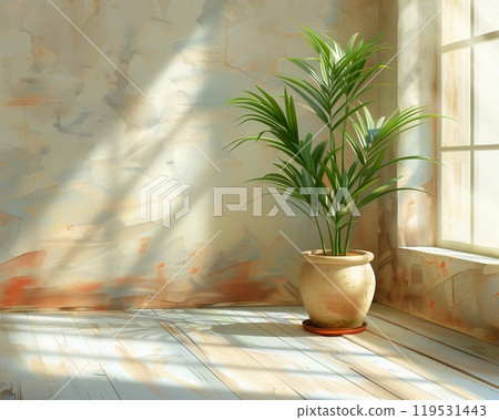 Tall green palm plant beige ceramic pot soft sunlight cozy room window 119531443