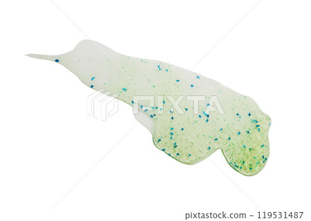 Green gel smear with blue exfoliating particles on white background 119531487