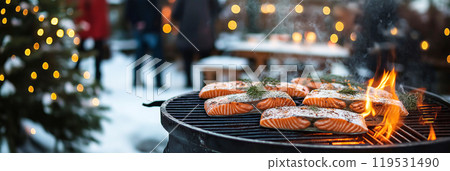 Grilled salmon in winter wonderland setting with festive lights and cozy ambiance 119531490