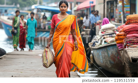 Confident Indian woman in vibrant sari walking through bustling market by riverfront 119531559