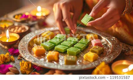 Festive celebration: traditional indian sweets for diwali in candlelit setting Festive celebration: traditional indian sweets for diwali in candlelit setting 119531587