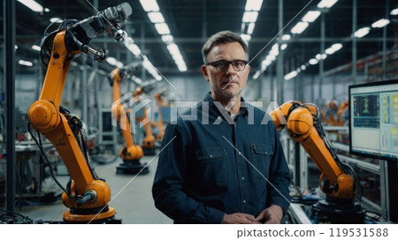 Automation engineer uses tablet for programming robotic arm in factory 119531588