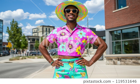 Man is dressed in Fashionable urban summer outfit with vibrant colors and floral patterns 119531646