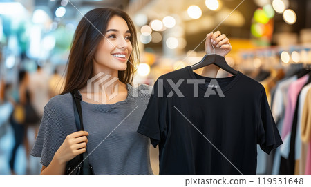 Young woman shopping and choosing black t-shirt in a trendy clothing store 119531648