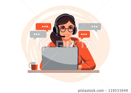 Customer service concept. Woman with headphones and microphone with laptop. Support, assistance, call center. Vector illustration. Flat style 119531649