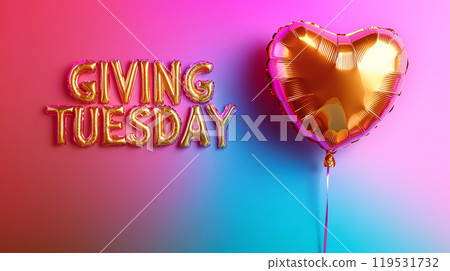 GIVING TUESDAY text with gold heart balloon on gradient background 119531732