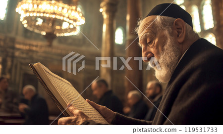 Elderly rabbi deep in thoughtful prayer in ornate synagogue setting 119531733