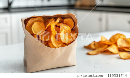 Crispy potato chips in eco-friendly paper bag in modern kitchen setting 119531744