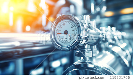 Industrial pressure gauge on stainless steel pipeline in modern factory setting Industrial pressure gauge on stainless steel pipeline in modern factory setting 119531766