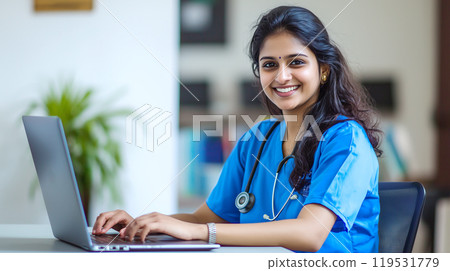 Indian healthcare professional smiling with laptop in medical uniform 119531779