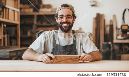Smiling artisan in workshop holding a wooden piece surrounded by tools and timber 119531788