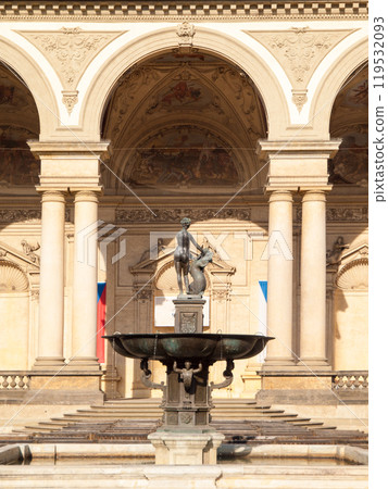 Fountain of Venus with Amor and a dolphin at Wallenstein palace, the seat of Senate of Czech Republic, Lesser Town, Prague, Czech Republic. 119532093