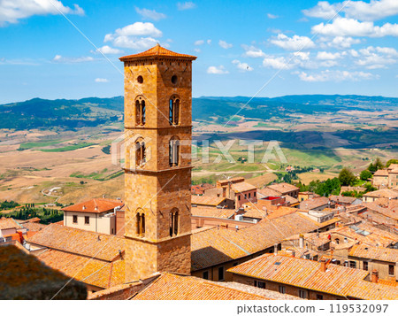 Tower of Cathedral of Santa Maria Assunta in medieval town of Volterra, Tuscany, Italy. Tower of Cathedral of Santa Maria Assunta in medieval town of Volterra, Tuscany, Italy. 119532097