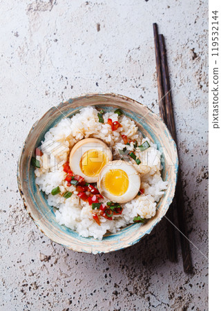 Korean marinated eggs in soy sauce with rice. Korean marinated eggs in soy sauce with rice. 119532144