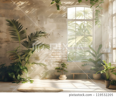 Sun light room indoor plants urban oasis window brick walls illustration 119532205