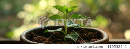 Small sprout plant green leaves clay pot bokeh backdrop eco life new fresh 119532241