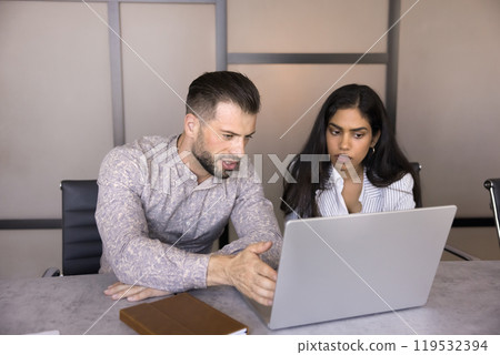 Couple of multiethnic business colleagues, discussing online project 119532394