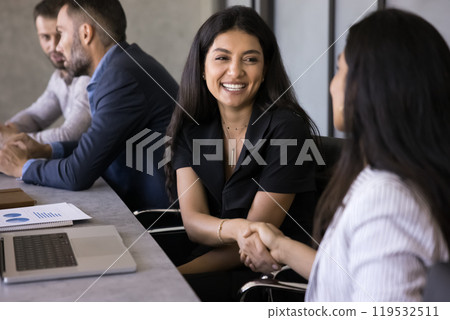 Two cheerful beautiful diverse female business colleagues shaking hands Two cheerful beautiful diverse female business colleagues shaking hands 119532511