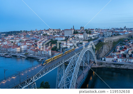 Porto City, Douro River and Dom Luis Bridge I with Tram at Morning Twilight 119532638