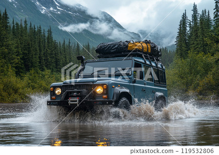 An overlander SUV crosses a river, splashing through the water with gear securely strapped to the roof, showcasing its rugged capability and adventure spirit An overlander SUV crosses a river, splashing through the water with gear securely strapped to the roof, showcasing its rugged capability and adventure spirit 119532806