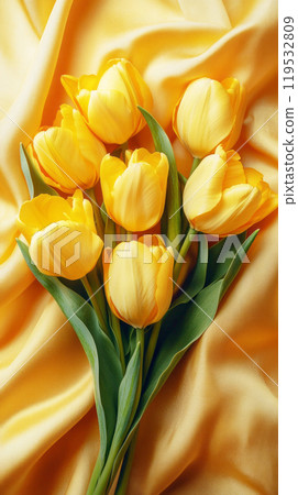 The golden sheen of the silk enhances the beauty of scattered yellow tulips, offering a cheerful and romantic concept for special occasions like Valentine's Day or International Women's Day The golden sheen of the silk enhances the beauty of scattered yellow tulips, offering a cheerful and romantic concept for special occasions like Valentine's Day or International Women's Day 119532809