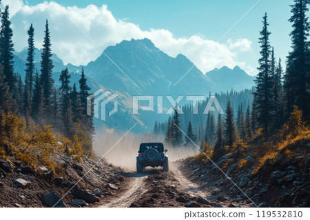 A rugged 4x4 vehicle is parked on a remote dirt road, surrounded by vast open plains and distant mountains, ideal for an adventure with camping gear ready for exploration 119532810